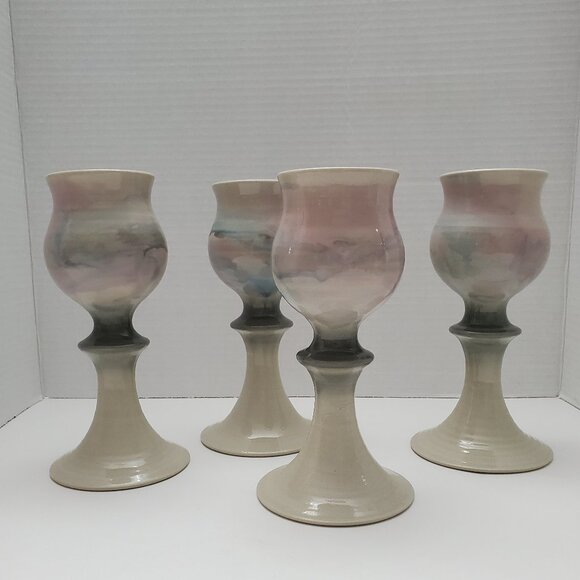 Art, Stoneware, Pottery, Chalice Goblets, Set of 4 ,Wine, Glasses, Artist Signed - Picture 1 of 7